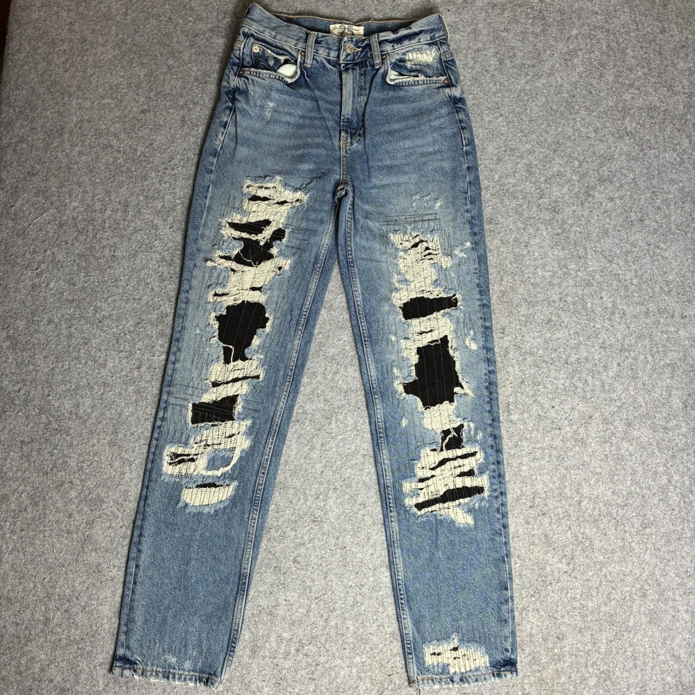 Free People We The Free 26x30 Distressed Patched Straight Leg Jeans Blue Y2K Alt